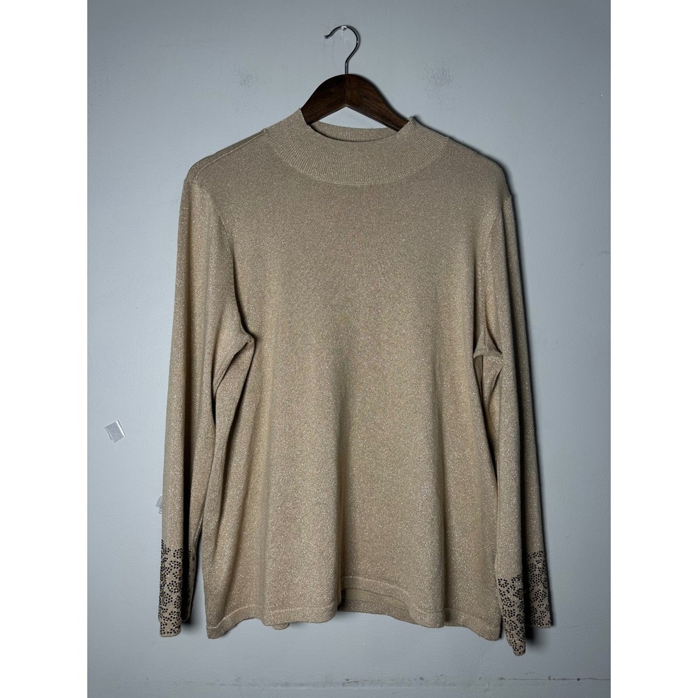 Chicos Metallic Gold Mock Neck Sweater Embellished Cuff Size 3 XL Everyday Glam